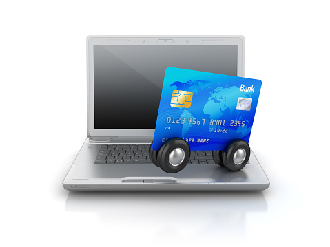 Credit Card on Wheels with Computer Laptop - White Background - 3D Rendering