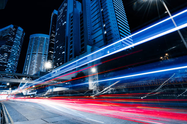 distretto centrale di hong kong di notte - hong kong night motion city foto e immagini stock