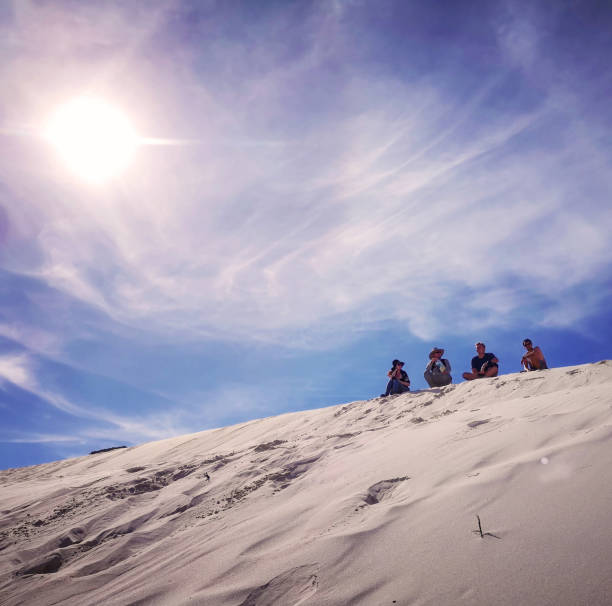 南アフリカの太陽の下で砂丘の上に座っている4人の友人 - cape town south africa sand dune beach ストックフォトと画像