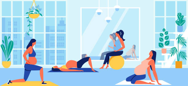 Maternity Group Fitness Class for Pregnant Women Maternity Group Fitness Class with Aerobic Muscles, Fitball and Balance Exercises for Pregnant Women. Girls Prepare to Childbirth Working Out in Gym. Sport, Gymnastics Cartoon Flat Vector Illustration gymnastics stretches stock illustrations