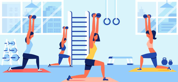 Women in Sportswear Training with Dumbbells in Gym Group of Young Women in Sportswear Training with Dumbbells in Gym. Healthy Lifestyle, Fitness Classes, Workout Wellness Activity, Girls Making Lunges with Hands Up. Cartoon Flat Vector Illustration gym illustrations stock illustrations