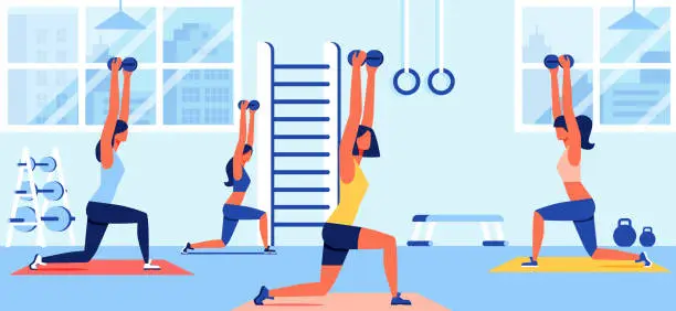 Vector illustration of Women in Sportswear Training with Dumbbells in Gym