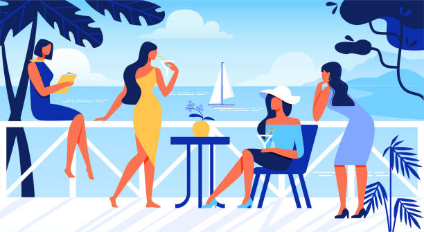 ilustrações de stock, clip art, desenhos animados e ícones de women relaxing on open air terrace with sea view. - woman with glasses reading a book