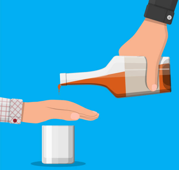 Alcohol abuse concept. Alcohol abuse concept. Hand gives bottle of whiskey to other hand. Stop alcoholism. Rejection. Vector illustration in flat style. refusing wine stock illustrations