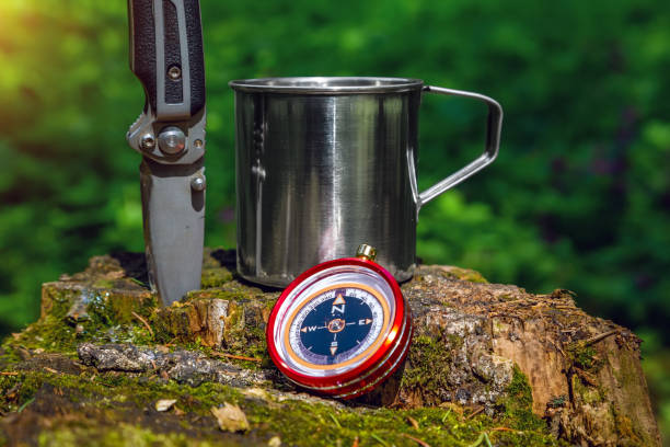 istock Tourist steel cup and compass in the summer forest 1146078556