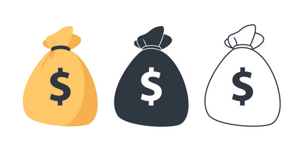 ilustraciones, imágenes clip art, dibujos animados e iconos de stock de conjunto de iconos de bolsa de dinero. línea icono de la bolsa de dinero, saco blanco y negro, bolsa de dinero plano ilustración vectorial - money bag currency financial item bag