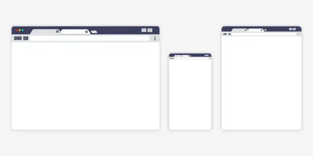 Vector illustration of Set of Open Internet browser windows for different devices. Computer, tablet, phone sizes. Design a simple blank web page. Vector illustration for web site or mobile app