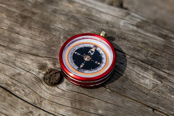 istock Tourist compass on a wooden texture in the open air 1146078813