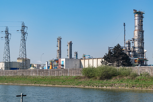 Dunkirk,FRANCE-April 20,2019: view of the old oil refinery Total in Dunkirk, currently transformed into BIO fuel production.Total it is French oil and gas company.