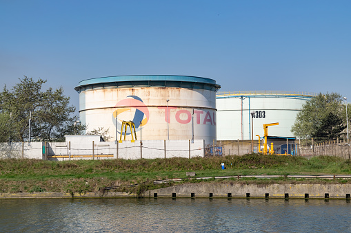 Dunkirk,FRANCE-April 20,2019: view of the old oil refinery Total in Dunkirk, currently transformed into BIO fuel production.Total it is French oil and gas company.