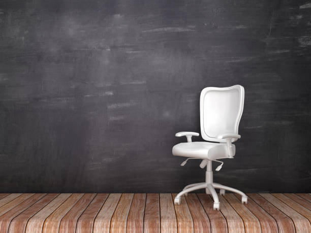 istock Office Chair on Wood Floor - Chalkboard Background - 3D Rendering 1146081931
