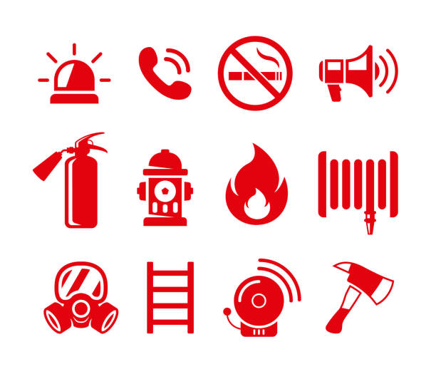 火災安全ベクトルアイコンのセット。火災緊急時のアイコンセット - 警報機点のイラスト素材／クリップアート素材／マンガ素材／アイコン素材