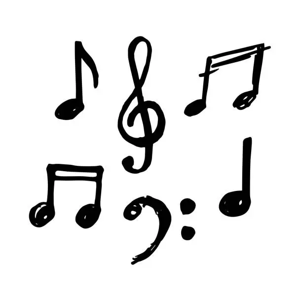 Vector illustration of Simple hand drawn notes and musical clef in doodle style.
