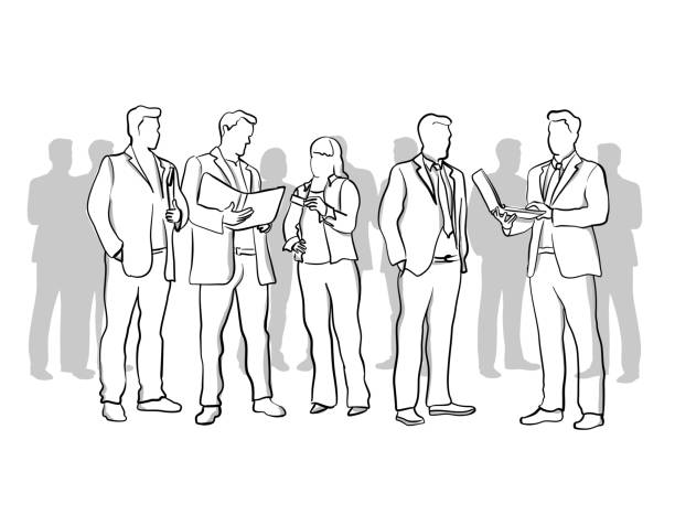 Business Edge Group of business people exchanging notes with paper and electronics body talk stock illustrations