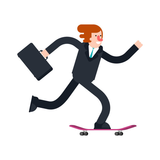 illustrations, cliparts, dessins animés et icônes de homme d’affaires sur le skateboard. patron à bord. homme de ville skateboarder - portrait homme sérieux extérieur