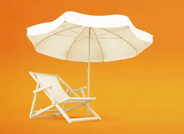 Beach chair and parasol on yellow / orange background. 3D rendering graphics on the subject of 'Summer Recreation'.