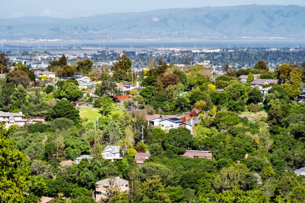 Aerial view of residential neighborhood; San Francisco bay visible in the background; Redwood City, California Aerial view of residential neighborhood; San Francisco bay visible in the background; Redwood City, California redwood city stock pictures, royalty-free photos & images