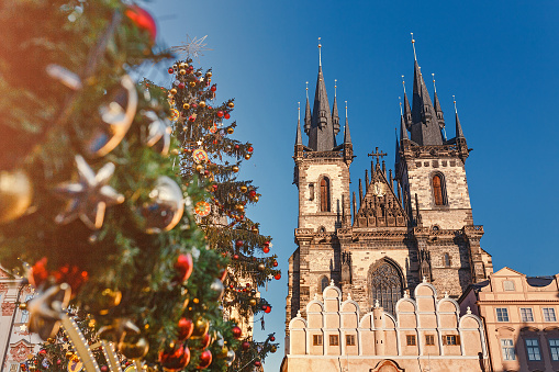 Christmas tree and Church of our Lady Tyn in Prague at New Year Time