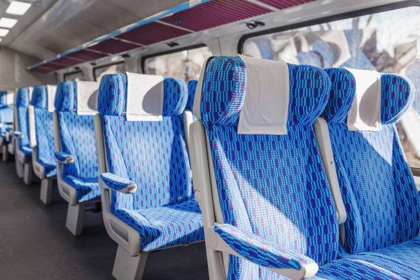 emtpy first class interior of the train in europe - vehicle interior indoors window chair imagens e fotografias de stock