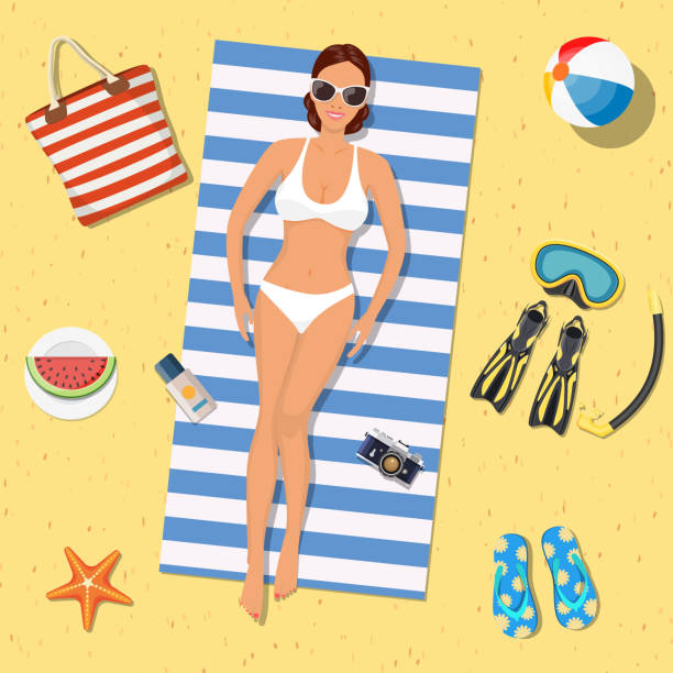 Pretty girl is lying on the beach Pretty girl is lying on the beach. Girl on the beach with a bikini. Summer time. Beautiful woman wearing lying on the beach on a white and blue striped towel. Vector illustration in flat style throwing in the towel illustrations stock illustrations
