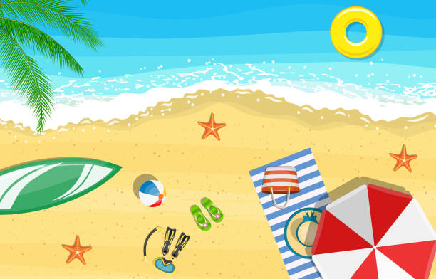 Summer Beach Vacation Sunbed beach sun umbrellas flip-flops and beach Mat on the background of sand near the sea surf with starfish, top view. Vector illustration in flat style throwing in the towel illustrations stock illustrations