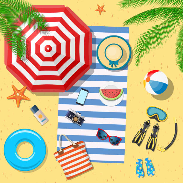 Beach Accessories top view on sand. Beach Accessories top lay view on sand. Striped towel, umbrella, flip flops, flippers, float ring, snorkeling mask, bag, sunglasses, sun cream, hat, watermelon Vector illustration in flat style throwing in the towel illustrations stock illustrations