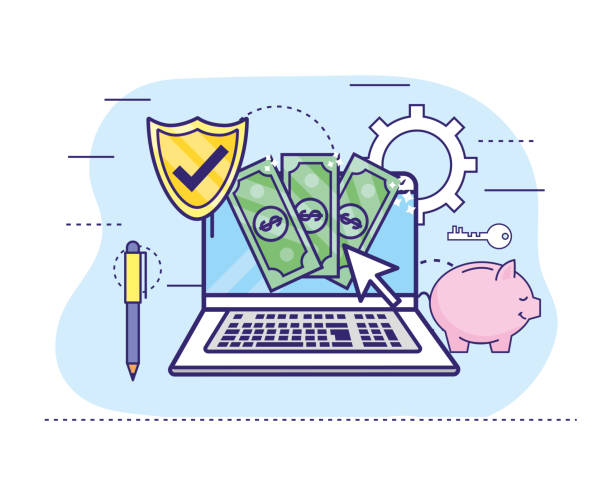 온라인 뱅킹에 지폐와 방패와 노트북 - piggy bank savings internet finance stock illustrations