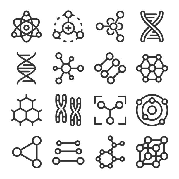 원자, 분자, dna, 염색체 윤곽 벡터 아이콘 세트 - atom molecule molecular structure chemistry stock illustrations
