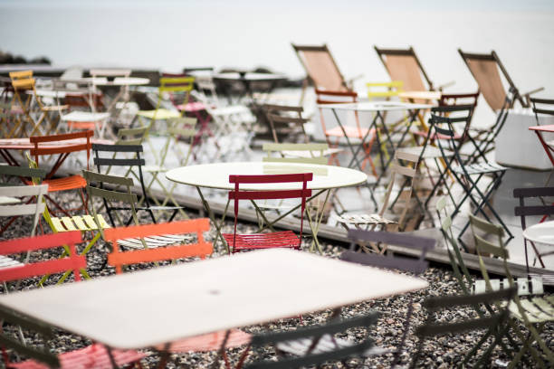 istock Chairs and tables for cafe on the beach 1146097891