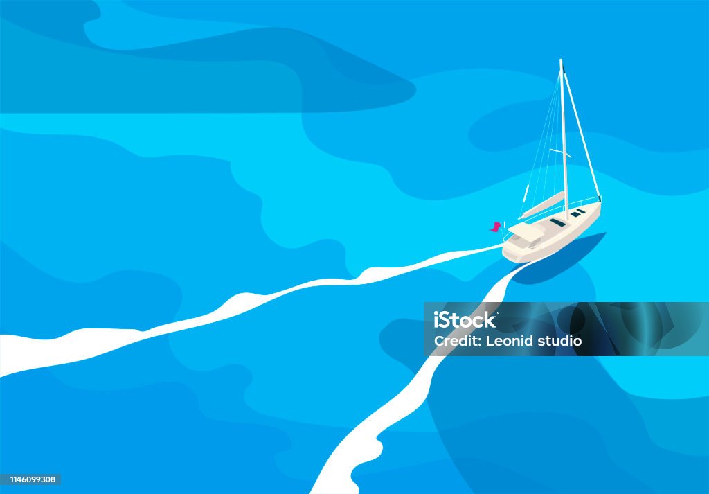 Vektor illustration av en Yacht i öppet hav, topp utsikt, fågel perspektiv - Royaltyfri Segelbåt vektorgrafik
