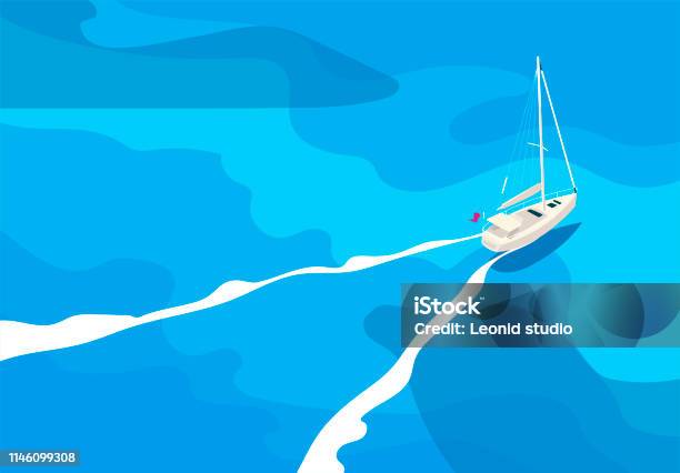 Vektor Illustration Av En Yacht I Öppet Hav Topp Utsikt Fågel Perspektiv-vektorgrafik och fler bilder på Segelbåt