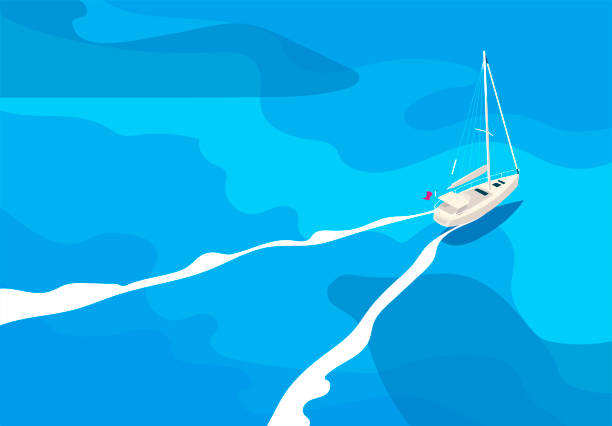 Vector illustration of a yacht in the open sea, top view, bird's-eye view Vector illustration of a yacht in the open sea, top view, bird's-eye view high angle view illustrations stock illustrations