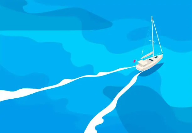 Vector illustration of Vector illustration of a yacht in the open sea, top view, bird's-eye view