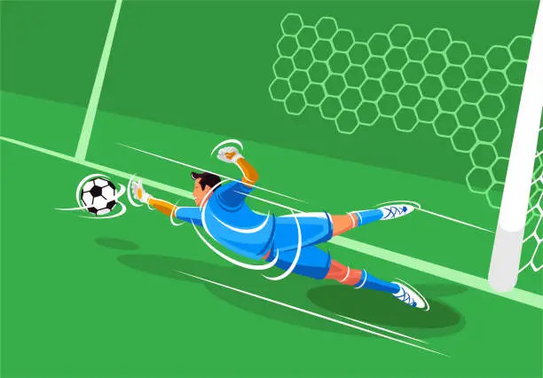 Vector illustration of Vector illustration of a football goalkeeper, in a jump hits the ball flying into the football goal on the field