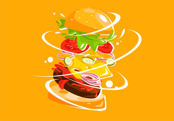 wektorowa ilustracja apetycznego burgera, warstwy burgera, składniki kolekcji cheeseburgerów - skoczcie cebula stock illustrations