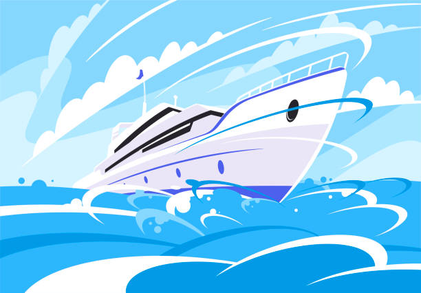 ilustracja wektorowa nowoczesnego jachtu na otwartym morzu, unoszącego się na falach z prędkością - nave stock illustrations
