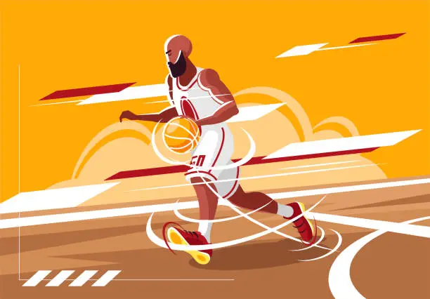 Vector illustration of Vector illustration of a bearded basketball player running on the court with a ball