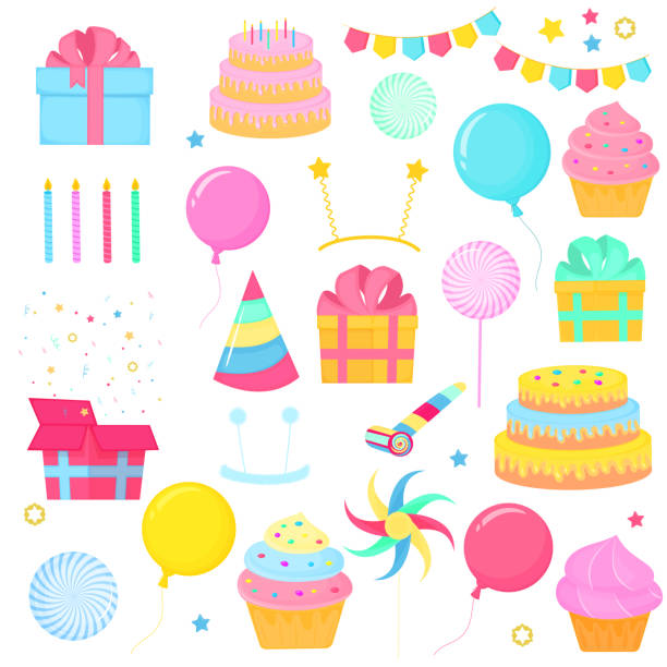 istock A set of holiday items for birthday decorations, children parties. Sweets, balloons, gift boxes, garlands. 1146101401