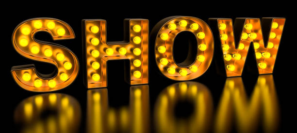 istock SHOW signboard from golden light bulb letters, retro glowing font. 3D rendering 1146102871