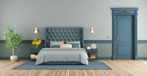 Blue master bedroom in retro style Blue master bedroom in retro style with double bed and closed door - 3d rendering
Note: the room does not exist in reality, Property model is not necessary head board bed blue stock pictures, royalty-free photos & images