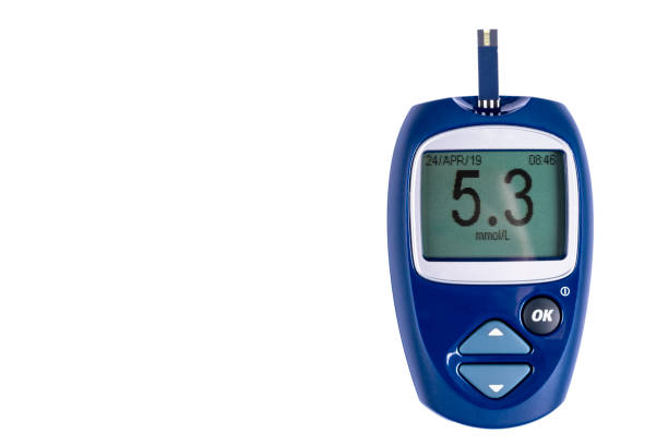istock Blood sugar test isolated on white background. Copy space. Glucose meter with blood sugar level on display. Close-up. Medicine, diabetes, glycemia, health care concept. 1146104290