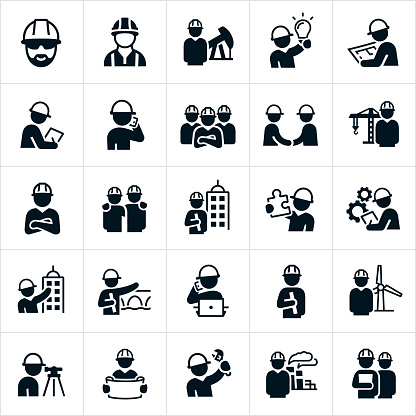 An icon set consisting of all engineers. The engineers represented include common engineers, civil engineer, petroleum engineer, construction engineer, mechanical engineer, architectural engineer, chemical engineer, industrial engineer among others. Each of the engineers represented have hard hats on. Some of the engineers are shown looking a blue prints, standing in front of an oil well, writing notes, on their phone, shaking hands, standing in front of a construction crane, standing in front of a constructed building, standing in front of a bridge, standing in front of a windmill and standing in front of a chemical plant.