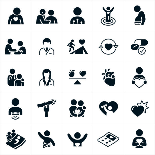 Cardiology Icons A set of cardiology icons. The icons show cardiologists, patients, human heart, medical exam, blood pressure test, EKG, treatment, medication, heart attack, healthy living, improving fitness, a patient in a hospital bed and other related icons. The icons represent the cardiology field of medicine. doctors office stock illustrations