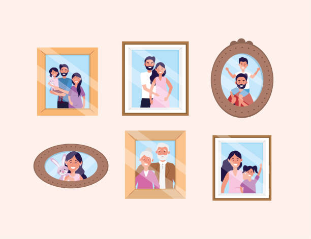 set woman and man with daughter and son pictures set woman and man with daughter and son pictures vector illustration family photo on wall stock illustrations