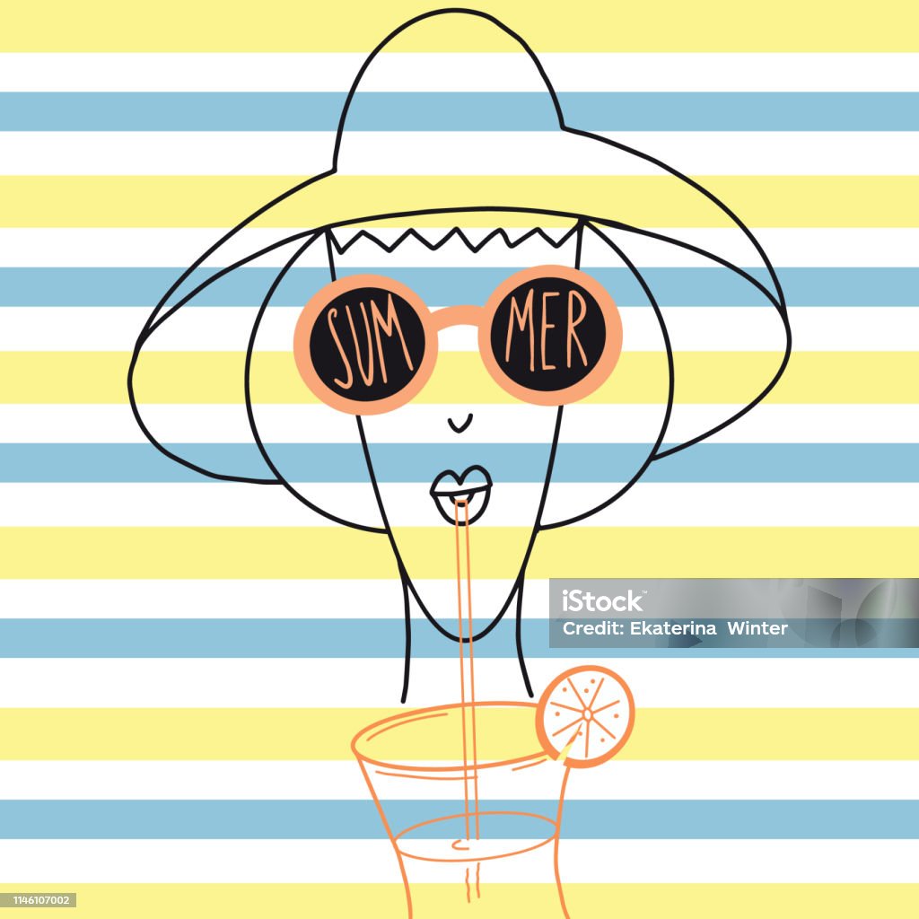 Summer girl in a hat Illustration of a woman in a hat and sunglasses drinking cocktail.  Blue and yellow stripes background. Summer poster design - Vector Adult stock vector