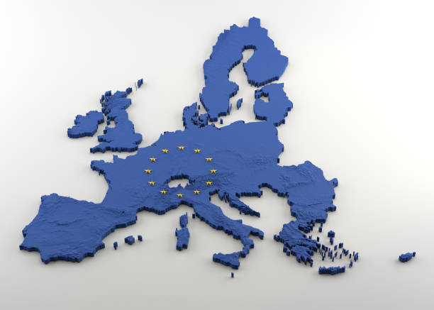 mappa 3d dell'unione europea pre-brexit (compreso il regno unito) con la texture della bandiera blu dell'ue e stelle d'oro - belgium map flag three dimensional shape foto e immagini stock