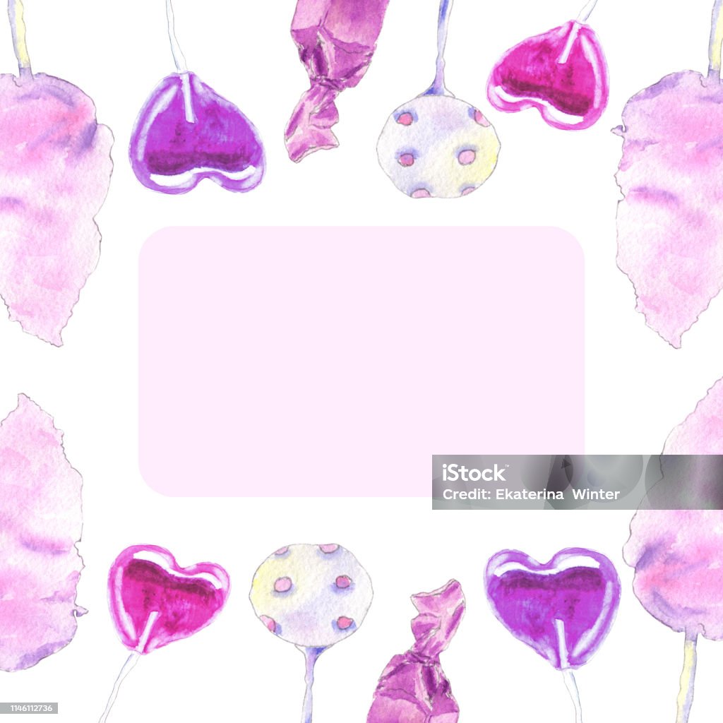 Pink sweets invitation Watercolor painting of pink sweets: cotton candy, heart lollipops, cake-pops and candies. Wedding, party or birthday invitation card design. Isolated on white background - Illustration Candy stock illustration