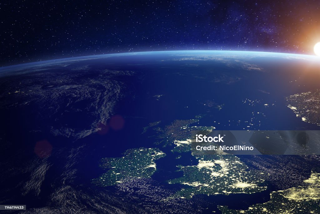 United Kingdom (UK) from space at night with city lights of the City of London, England, Wales, Scotland, Northern Ireland, communication technology, 3d render of planet Earth, elements from NASA United Kingdom (UK) from space at night with city lights of the City of London, England, Wales, Scotland, Northern Ireland, communication technology, 3d render of planet Earth, elements from NASA (https://eoimages.gsfc.nasa.gov/images/imagerecords/57000/57752/land_shallow_topo_21600.tif) UK Stock Photo