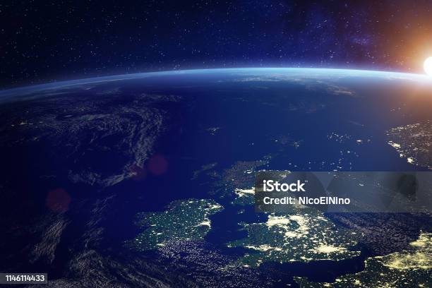 United Kingdom From Space At Night With City Lights Of The City Of London England Wales Scotland Northern Ireland Communication Technology 3d Render Of Planet Earth Elements From Nasa Stock Photo - Download Image Now