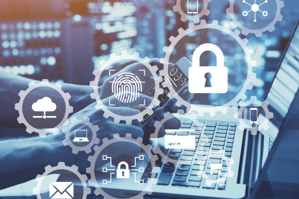istock Internet network security concept with icons of secure access, biometrics password technology, data protection against cyber attack, cybersecurity 1146114562